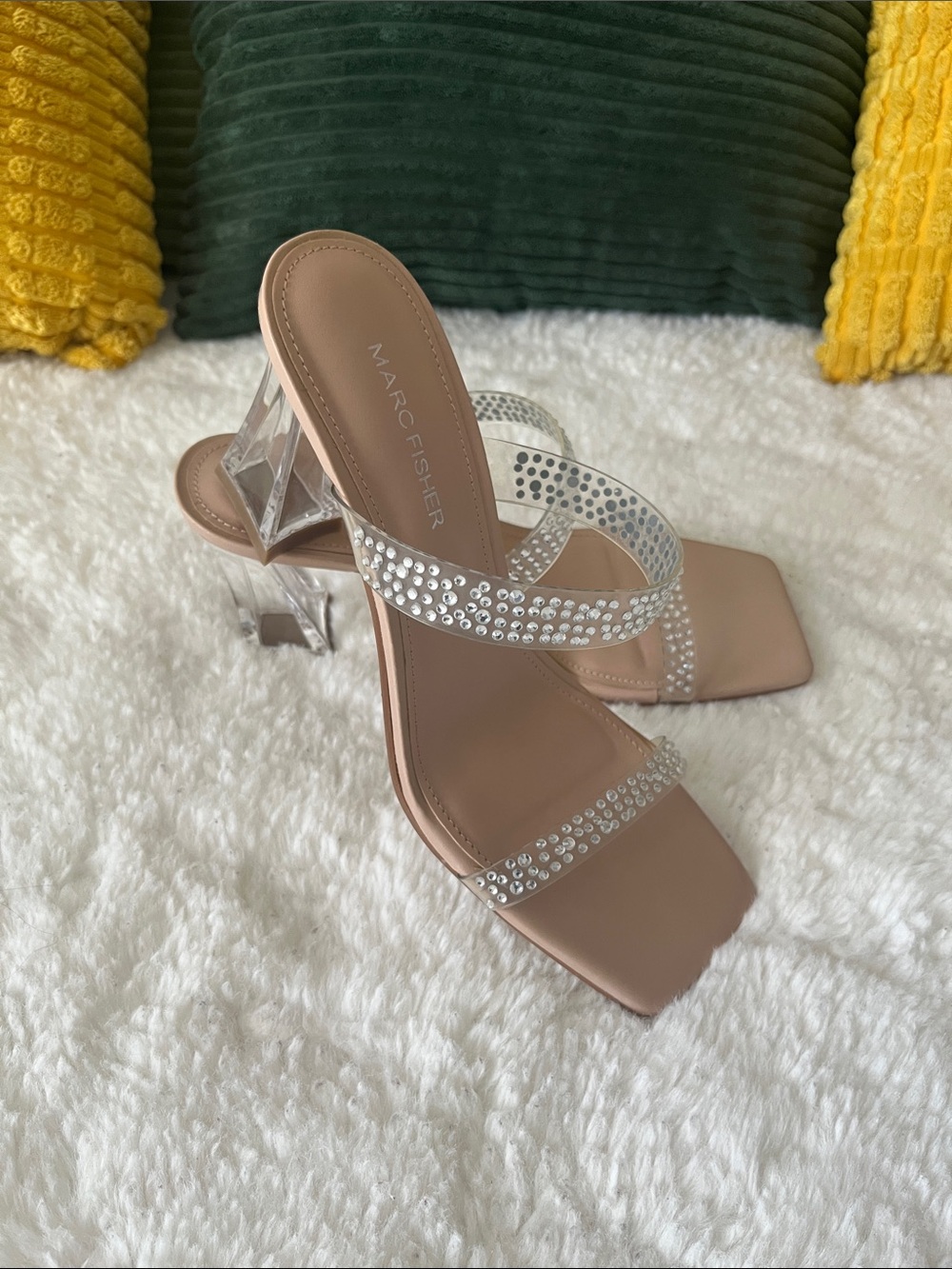 Marc Fisher Blush Nude Crystal Strap Clear Block Heel Sandals